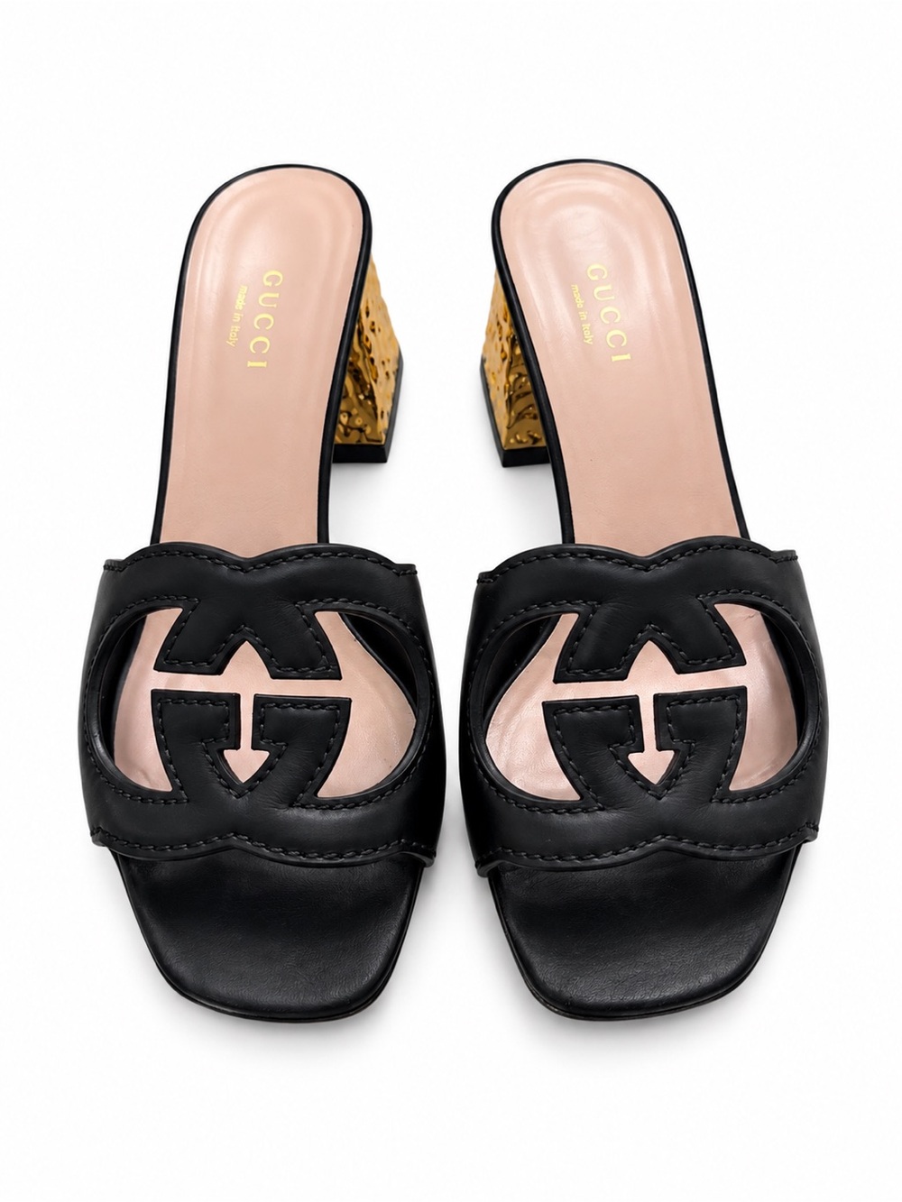 Gucci Black Leather GG Cutout Mule with Gold Block Heel